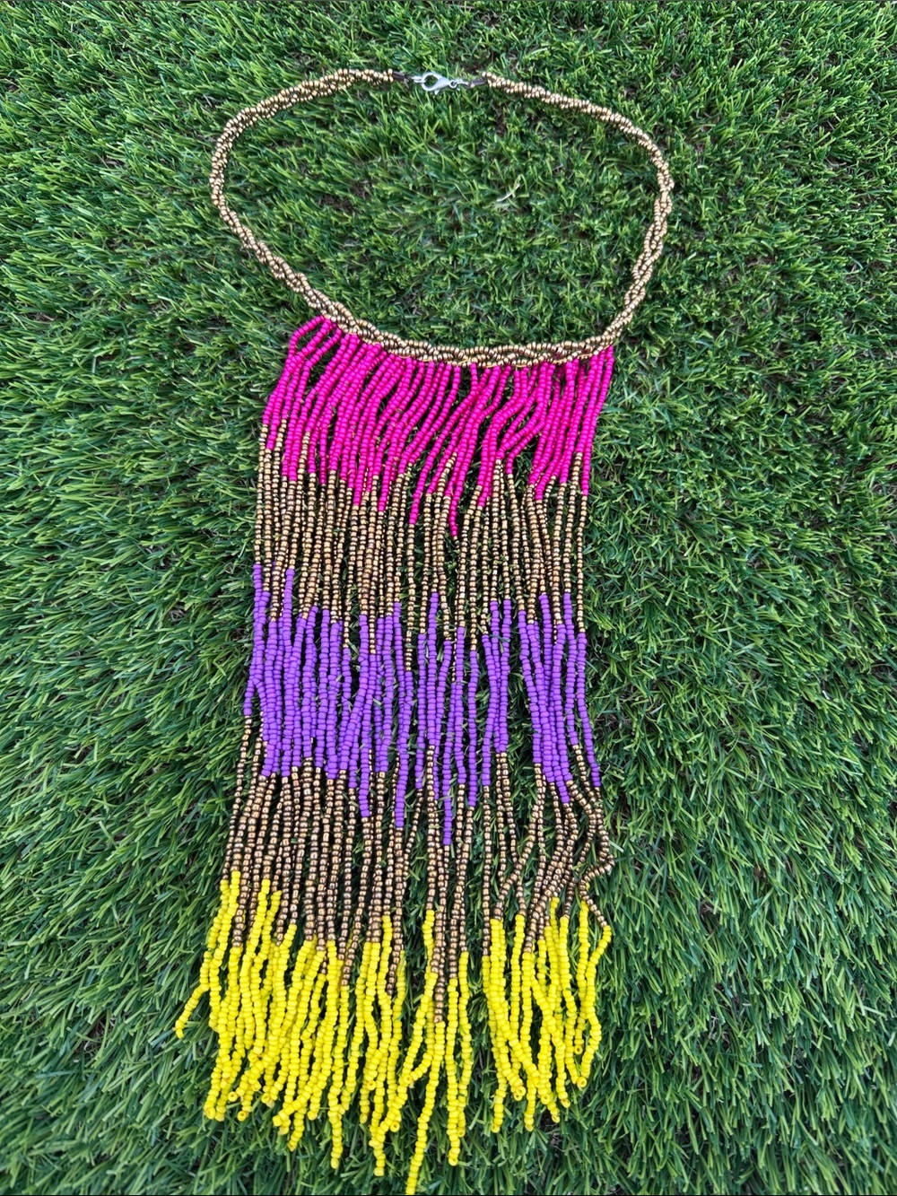 Handmade Multicolor Beaded Fringe Necklace - Pink, Purple & Yellow